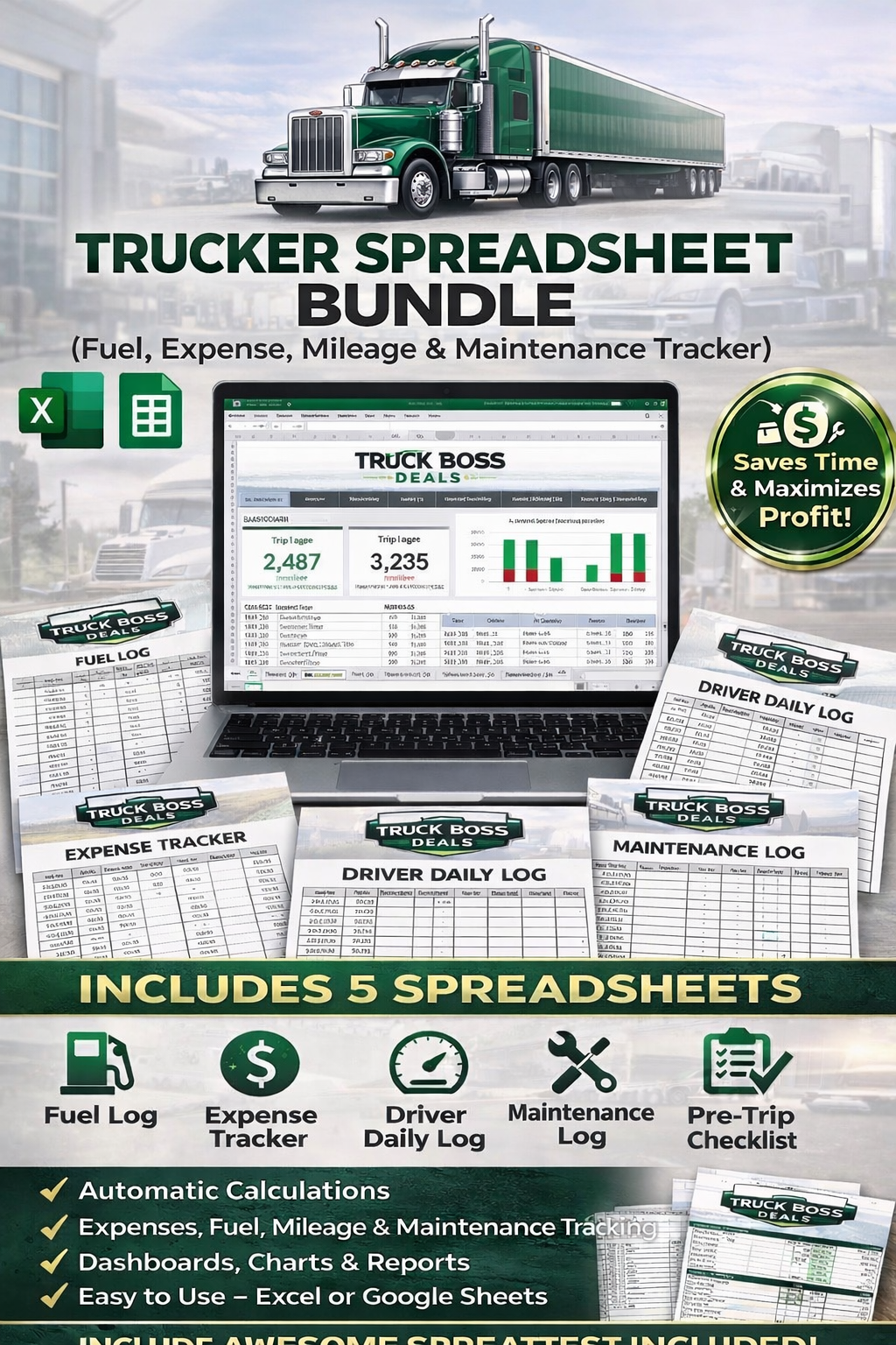 Trucker Spreadsheet Bundle - Fuel Maintenance & Expense Tracker
