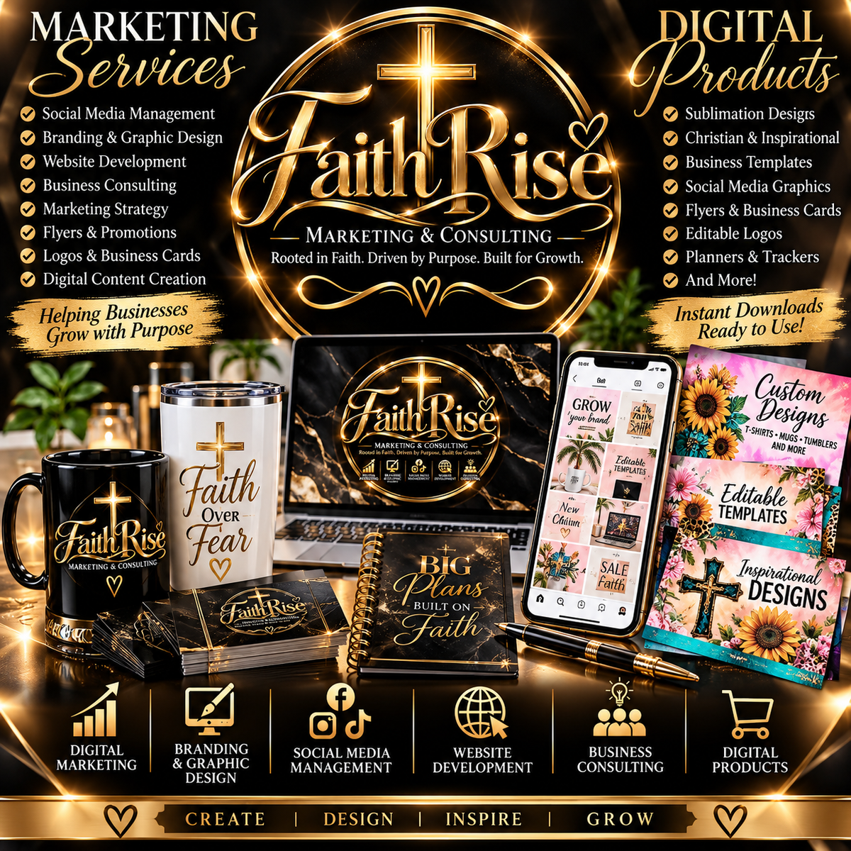 A promotional collage for Faith Rise marketing and consulting services, showing branded merchandise such as a black mug, glass, notebook, and phone mockup with Faith Rise graphics, alongside digital product covers and text listing services like social media management, branding, website development, and digital downloads.